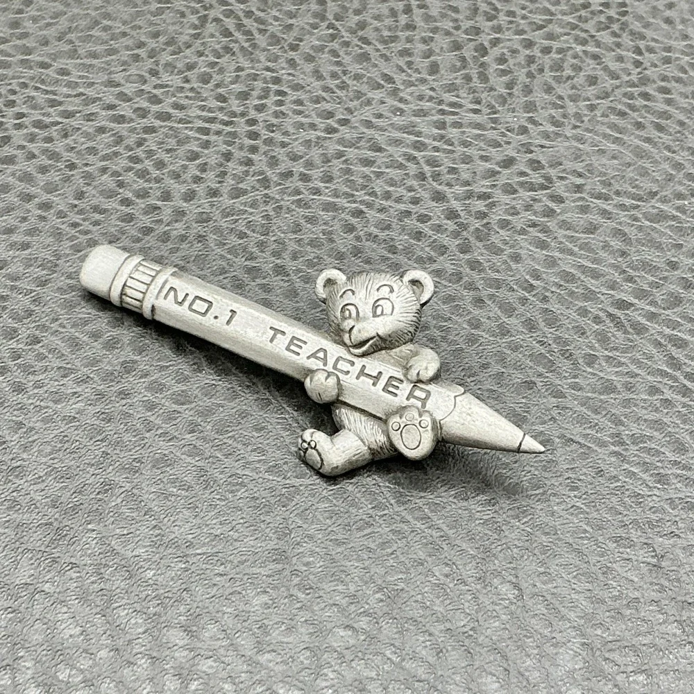 Vintage JJ Brooch Teacher Pin Silver Tone No.1 Teacher Bear Pencil 2.5 Inch